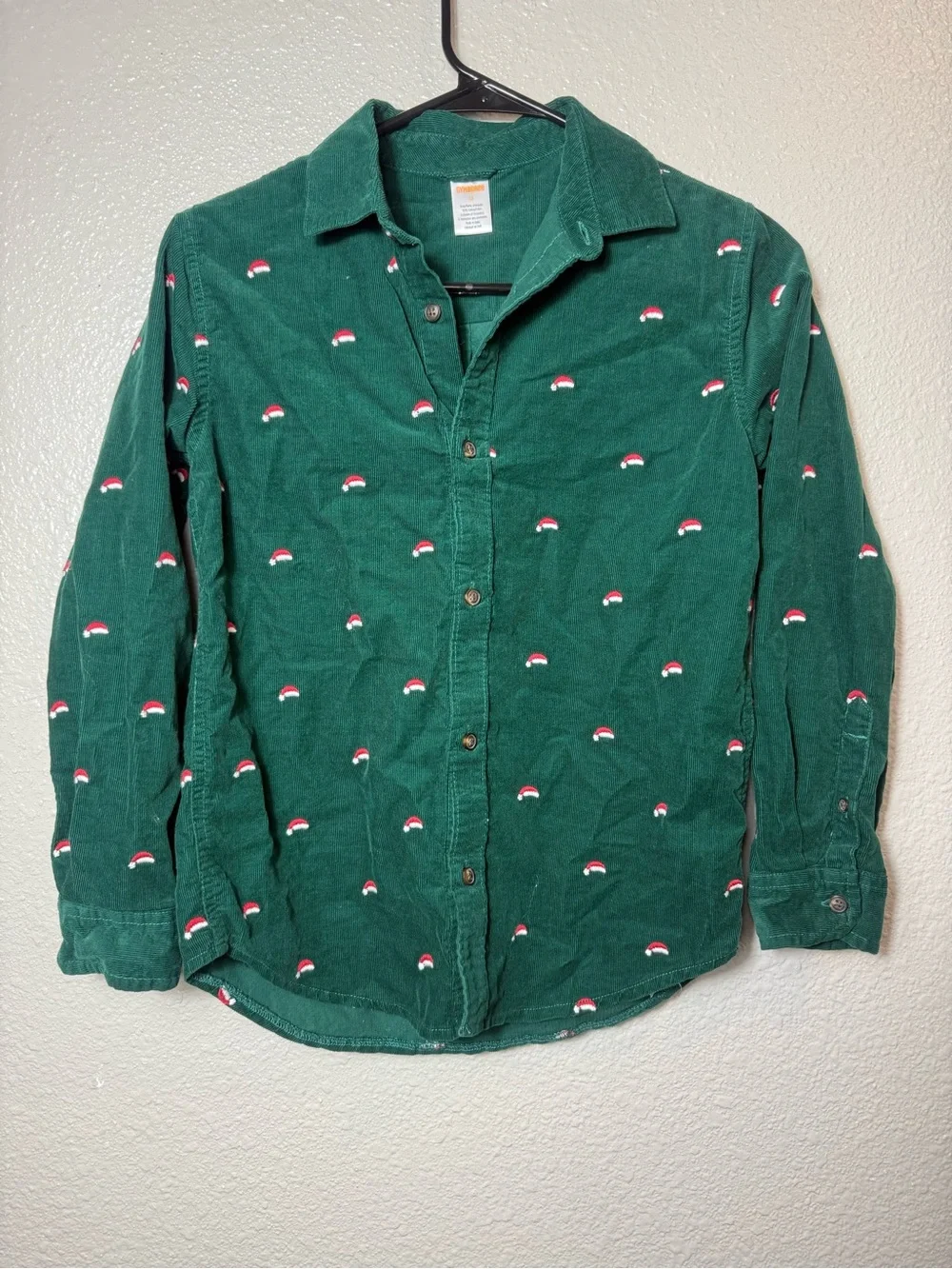 Gymboree Boys Size 12 Green Corduroy Santa Hat Christmas Holiday Button Up Shirt